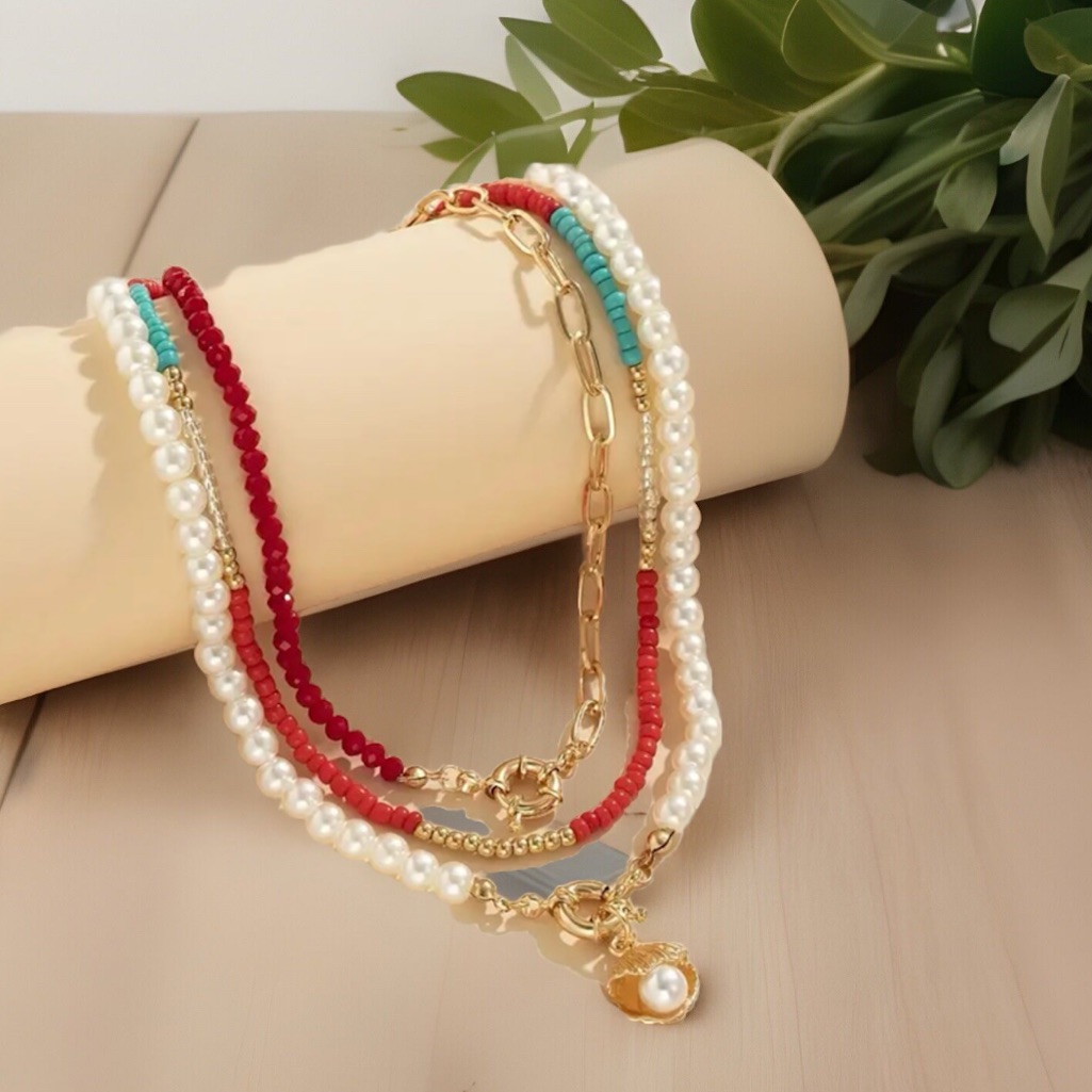 Set Faux Pearl Crystal Beads Shell Pendant Necklace